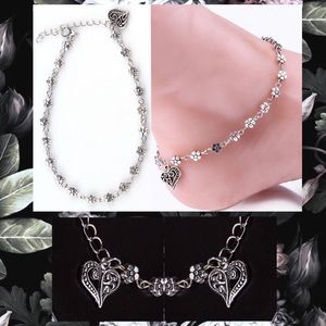 Rustic Silver Flower Chain Link Heart Charm Summer Boho Anklet Ankle Bracelet